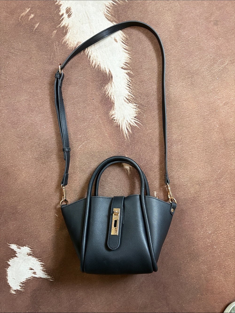 Structured Black Crossbody Satchel with Gold Lock Detail